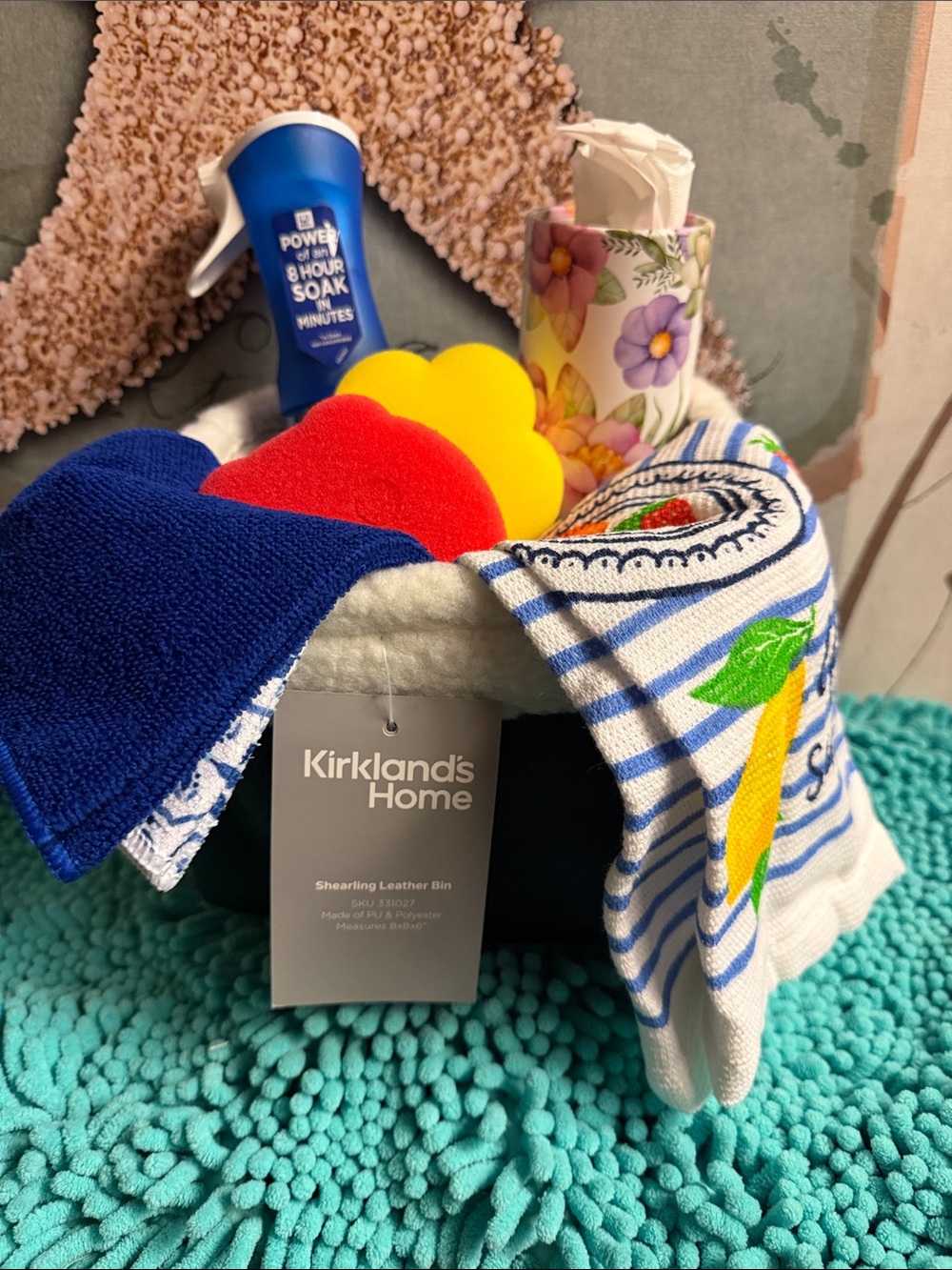 Kirklands Blue leather basket Basket with dawn power wash , dishcloths, &more
